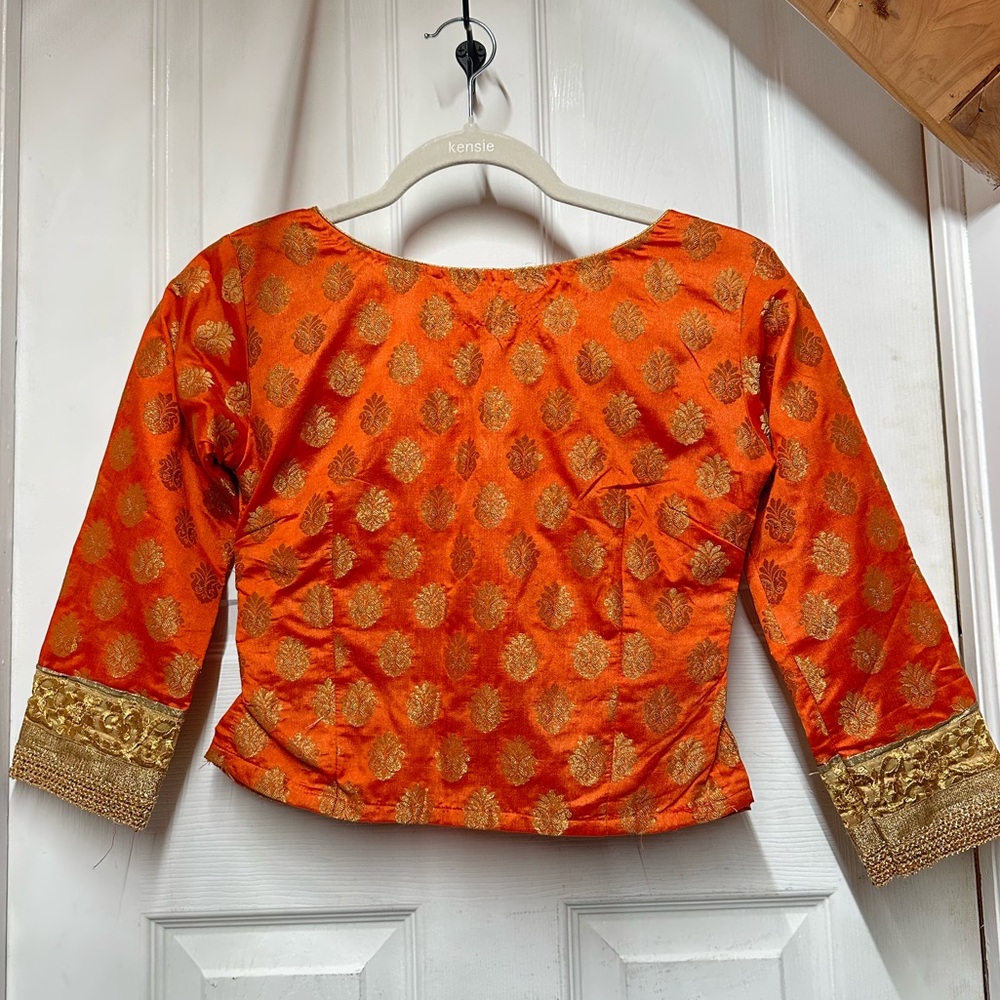 *NEW* Indian Pakistani Orange and Gold Banarasi Silk Blouse and Dupatta